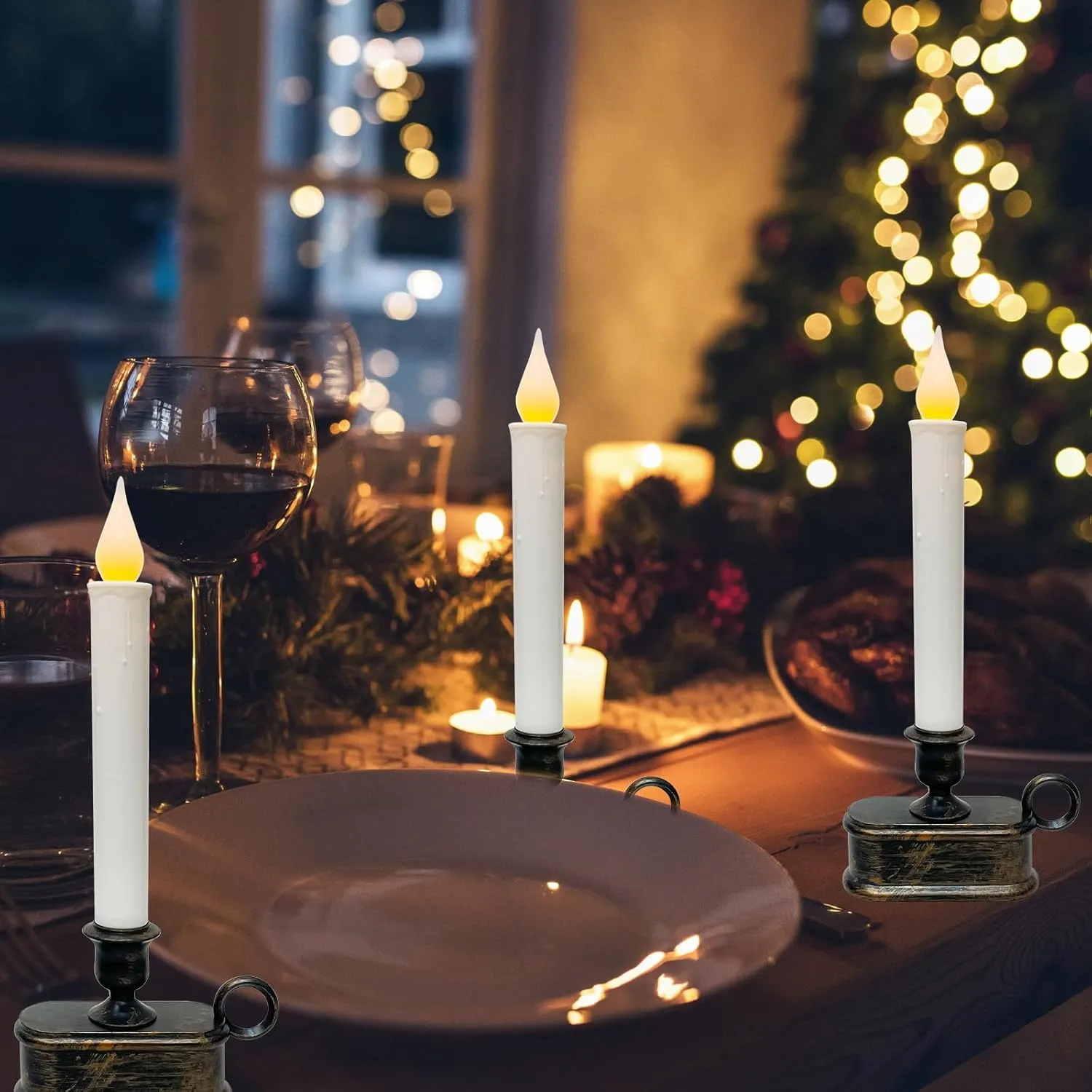 Set of 4 Battery Operated LED Window Candles, Dusk to Dawn Light Sensor, Flicker Flame Bronze Base, 10 Inch Flameless Taper Candles for Table, Bedroom, Christmas