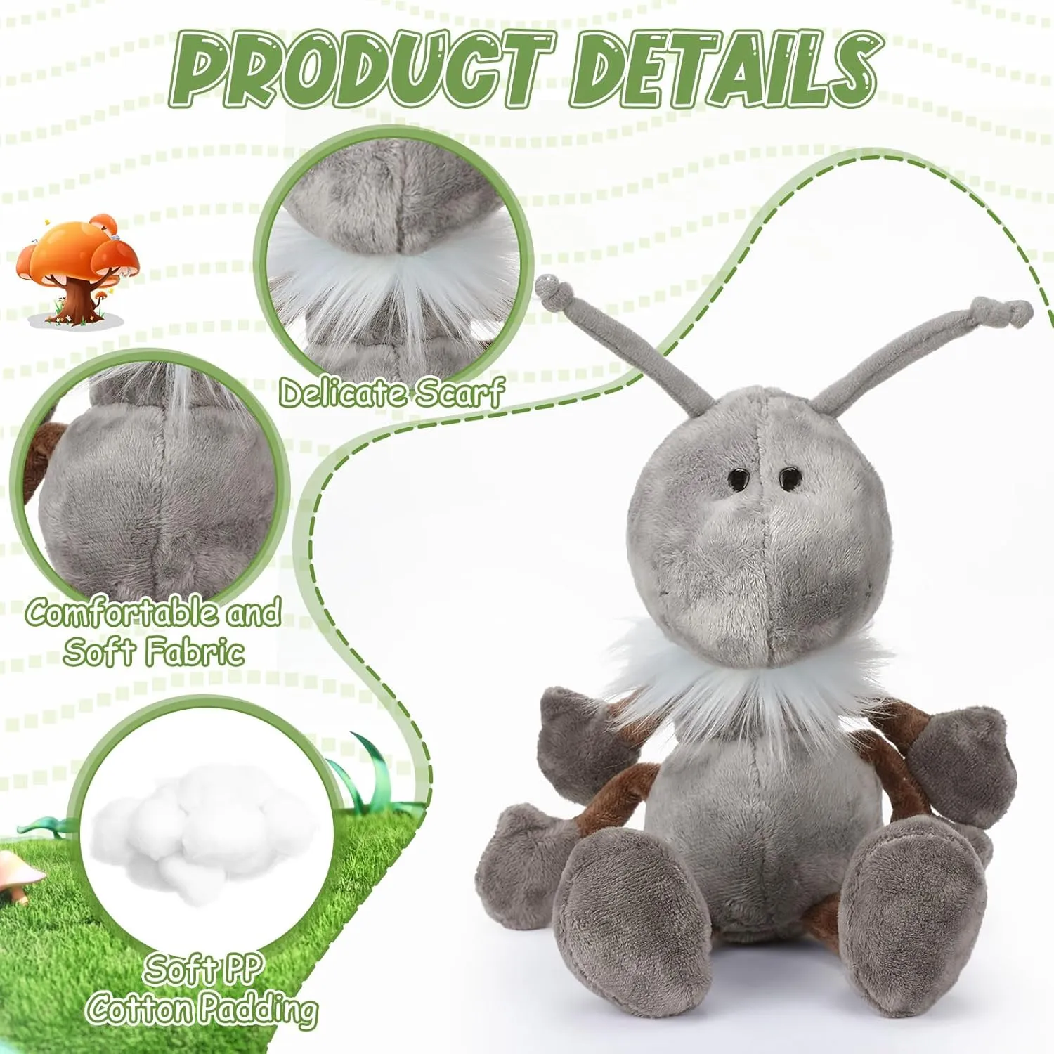 Shappy 3 Pcs Ant Plush with Scarf Cuddly Stuffed Animal Soft Plush Toy Ants Plush Doll for Birthday Holiday Party Gifts Home Nursery Decorations, 12 Inch (Gray)