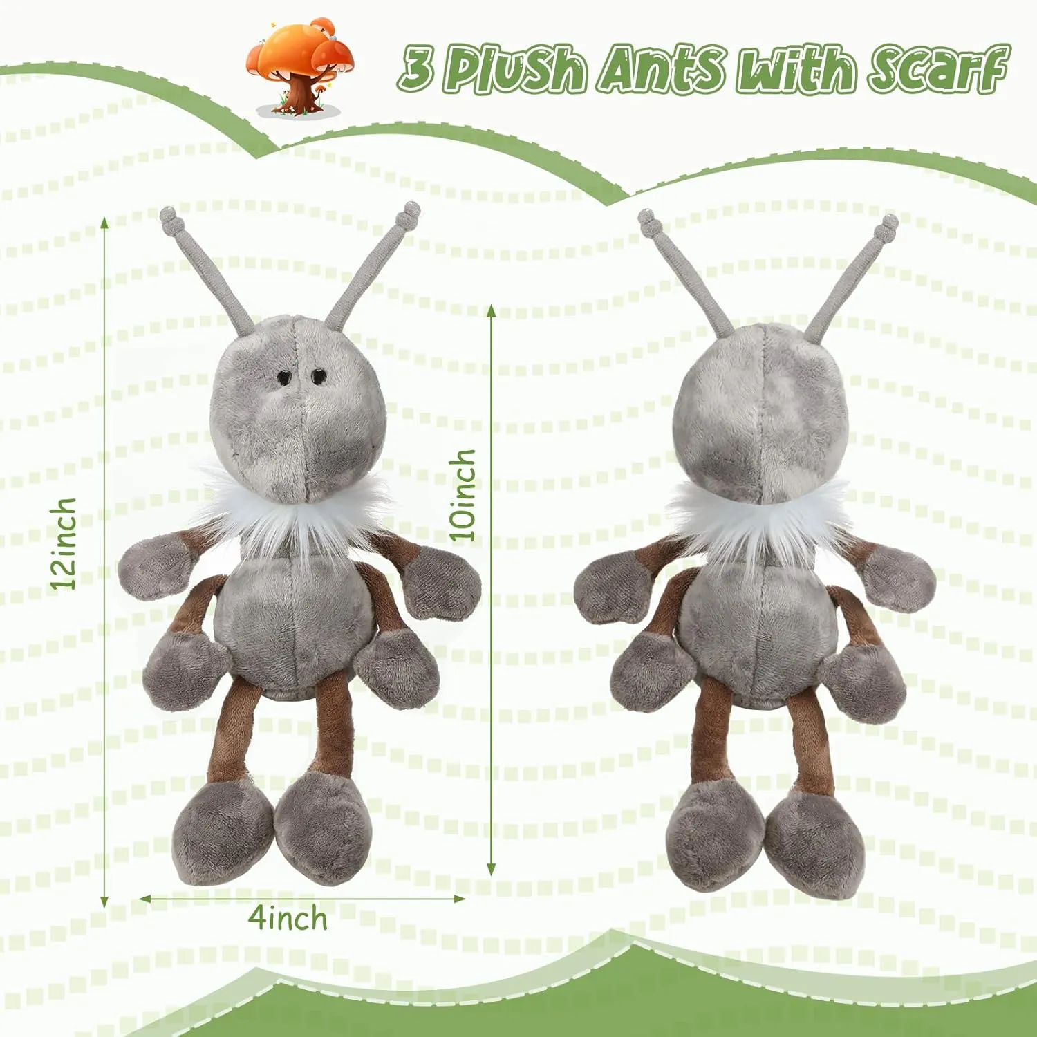 Shappy 3 Pcs Ant Plush with Scarf Cuddly Stuffed Animal Soft Plush Toy Ants Plush Doll for Birthday Holiday Party Gifts Home Nursery Decorations, 12 Inch (Gray)