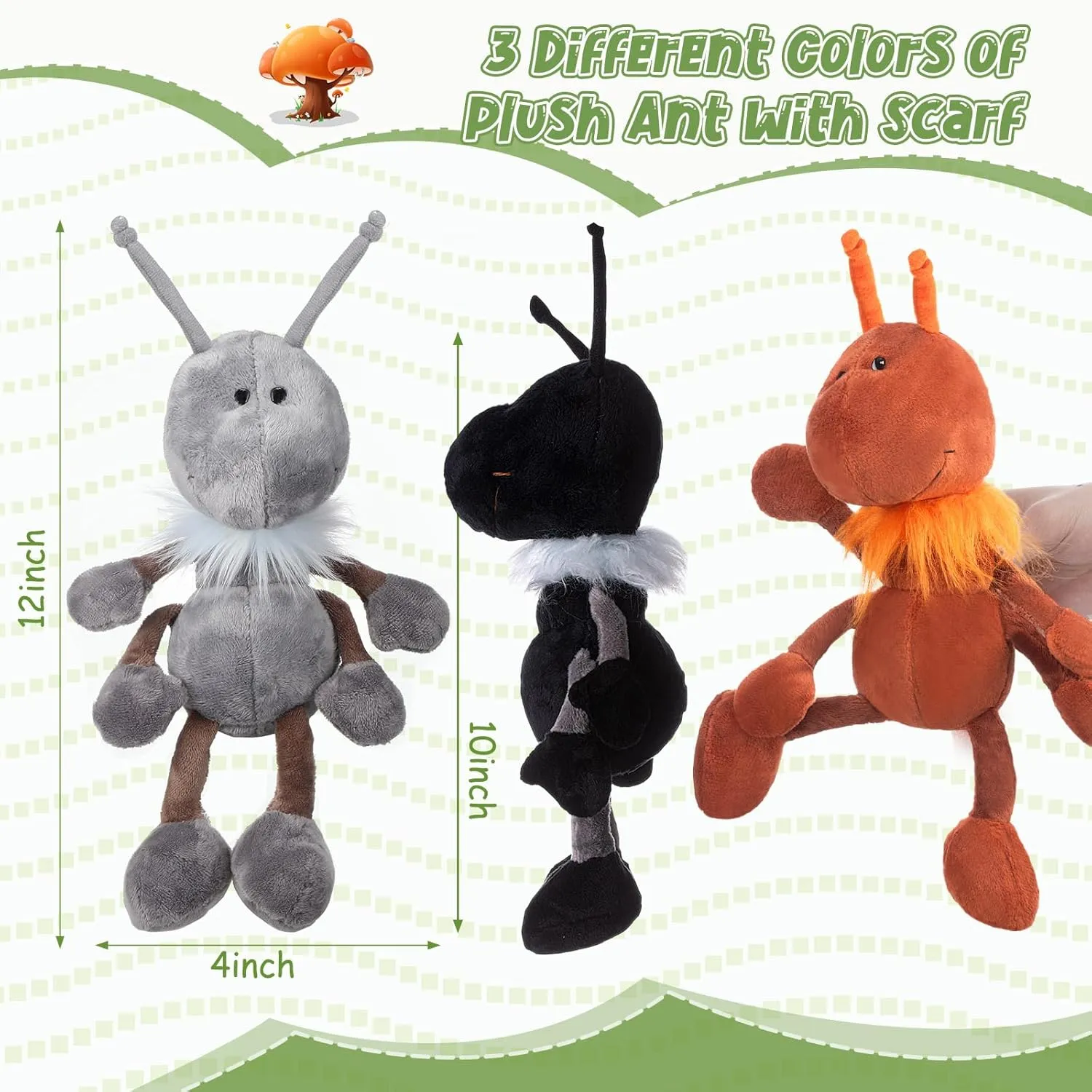 Shappy 3 Pcs Ant Plush with Scarf Cuddly Stuffed Animal Soft Plush Toy Ants Plush Doll for Birthday Holiday Party Gifts Home Nursery Decorations, 12 Inch (Reddish Brown,Gray, Black)