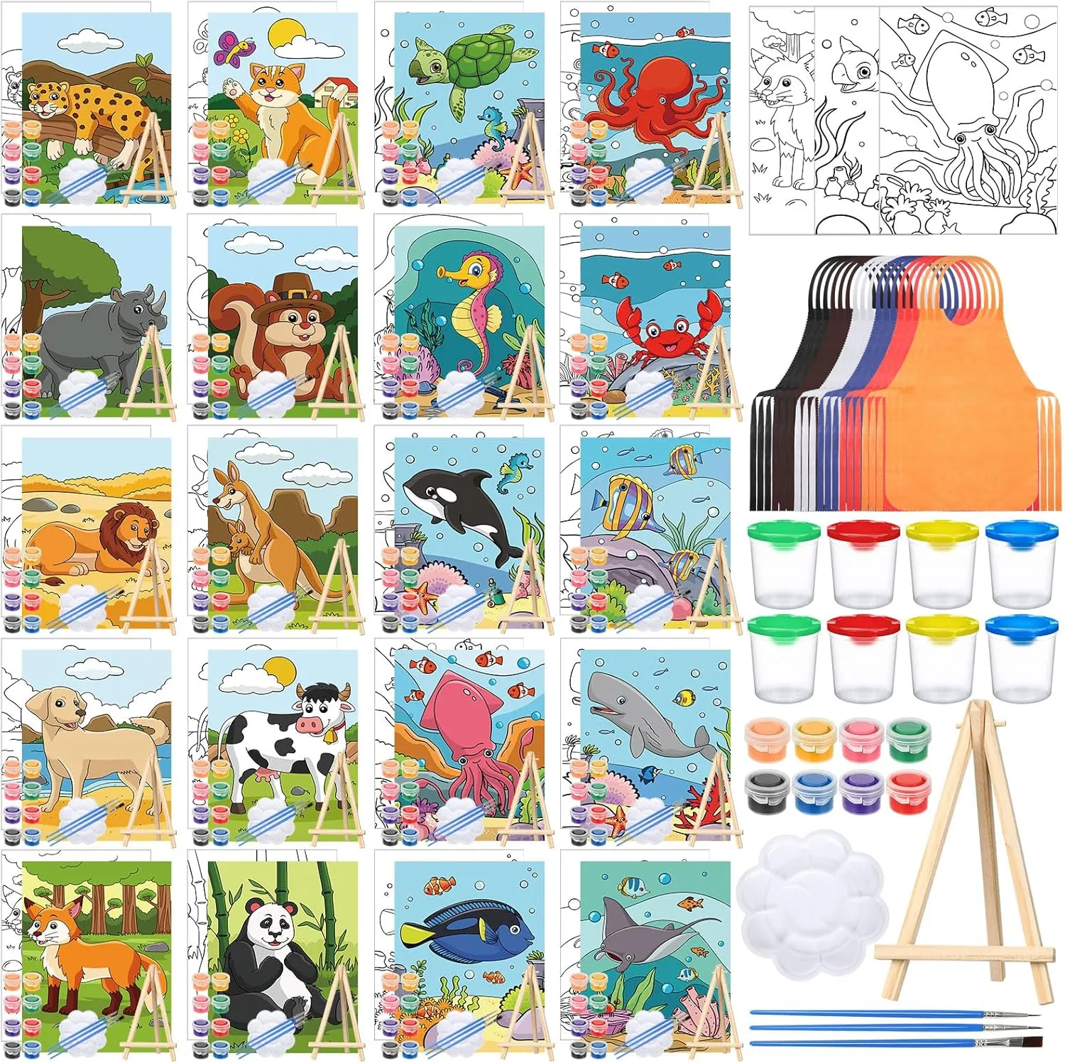 Sherr 140 Pcs 20 Set Pre Drawn Canvas Kit for Painting Craft Sip and Paint Kit for Adults Pre Printed Canvas Painting Favor for Virtual DIY Birthday Gifts Adult's Date Party(Animal)