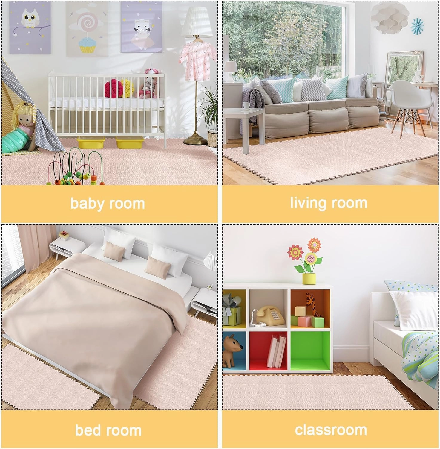 Shihanee Foam Floor Baby Tiles Foam Floor Mats Play Mats Bulk with Borders Interlocking for Kids Baby Playroom Nursery Gym (Beige,16ft)