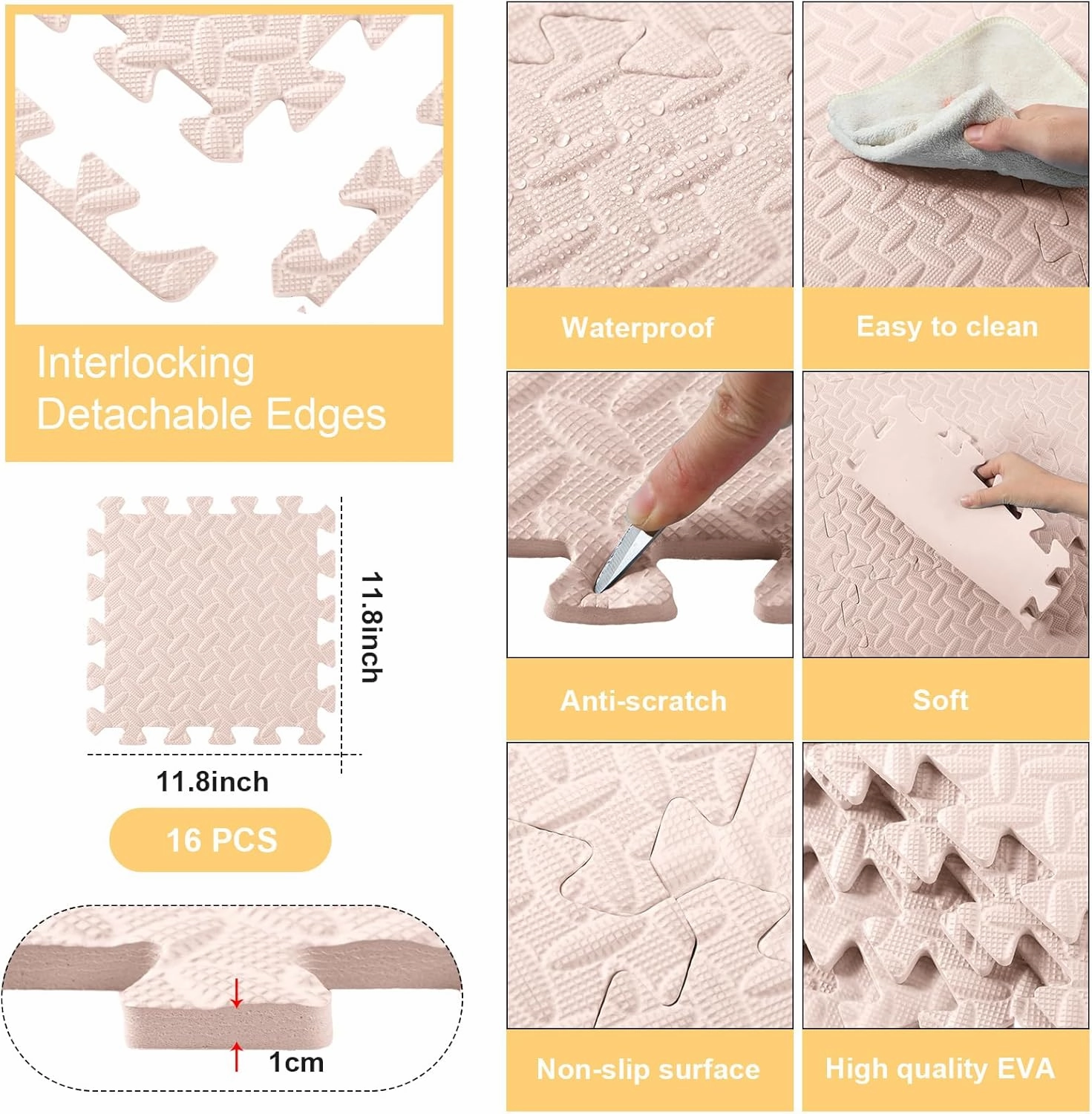 Shihanee Foam Floor Baby Tiles Foam Floor Mats Play Mats Bulk with Borders Interlocking for Kids Baby Playroom Nursery Gym (Beige,16ft)