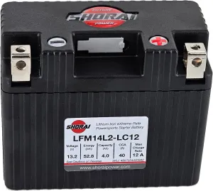 Shorai LFM Lithium-iron Battery w/BMS, LFM14L2-LC12, Low current (40A Max) version, 4.0Ah 13.2V, 52.8WHr, "L" Type, Case 2