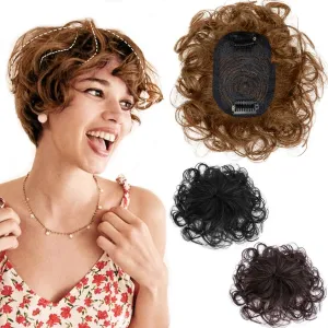 Short Human Hair Topper for Women With Slightly Thinning Hair, 7" Toupee Clip in Fluffy Curly Replacement Piece, Fake Hairpiece Cover Grey Hair Light Brown