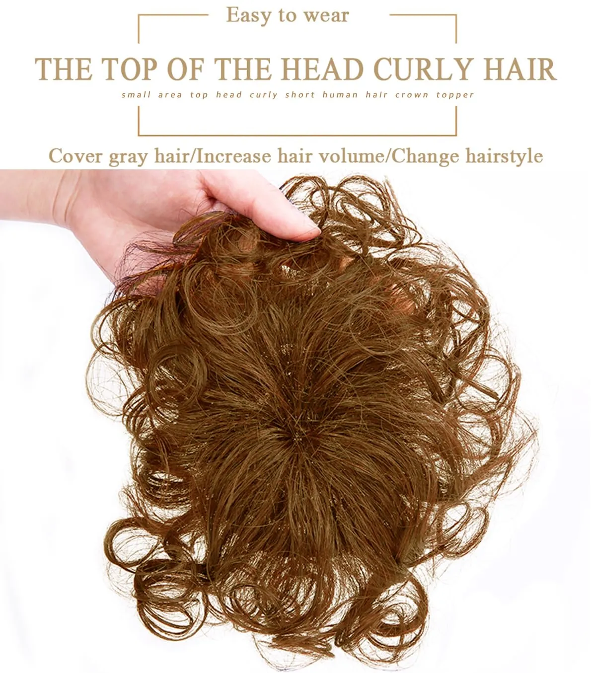Short Human Hair Topper for Women With Slightly Thinning Hair, 7" Toupee Clip in Fluffy Curly Replacement Piece, Fake Hairpiece Cover Grey Hair Light Brown