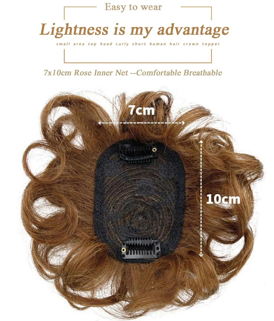 Short Human Hair Topper for Women With Slightly Thinning Hair, 7" Toupee Clip in Fluffy Curly Replacement Piece, Fake Hairpiece Cover Grey Hair Light Brown