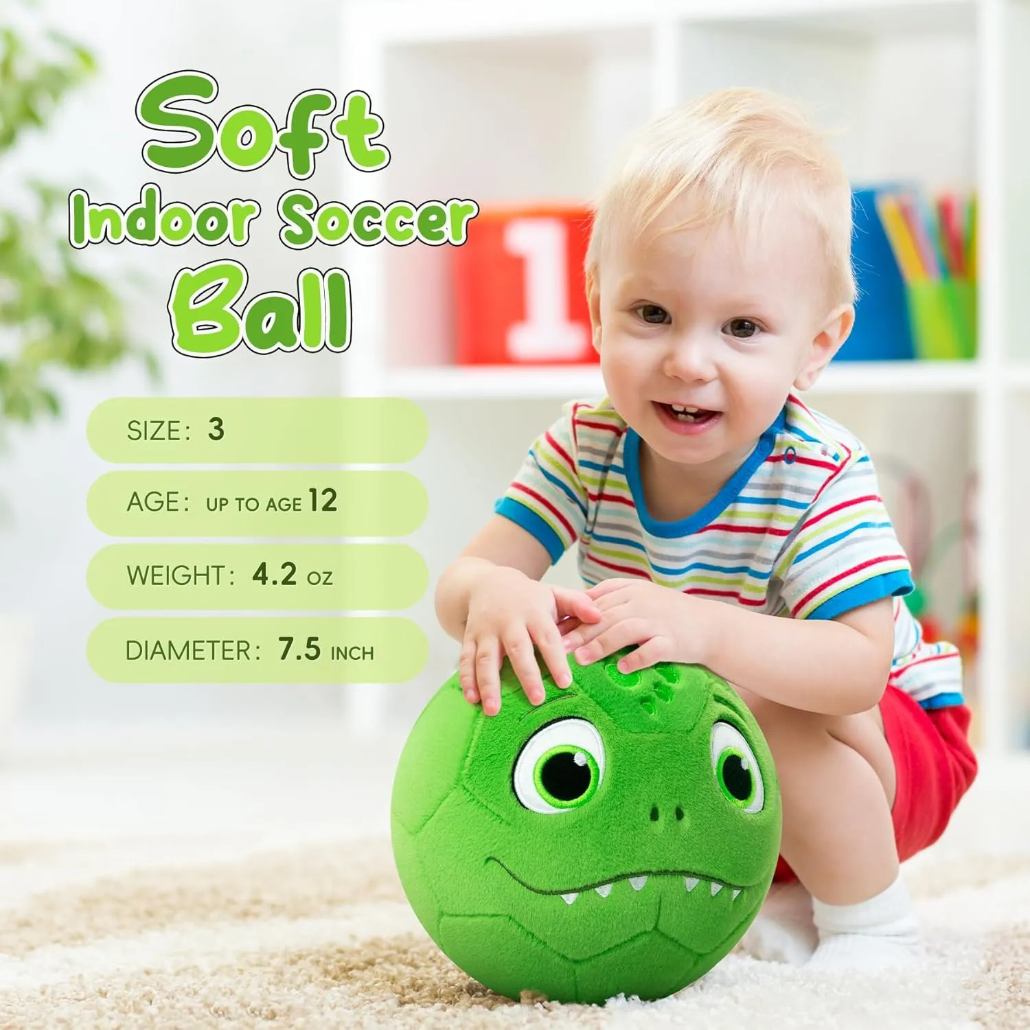 Silent Indoor Soccer Balls for Toddlers 1-3, Inflatable Soft Plush Baby Toddler Soccer Ball Toys Gifts for Kid 3-5 Year Old Boy First Birthday Gift (Dinosaur, Pump Include)