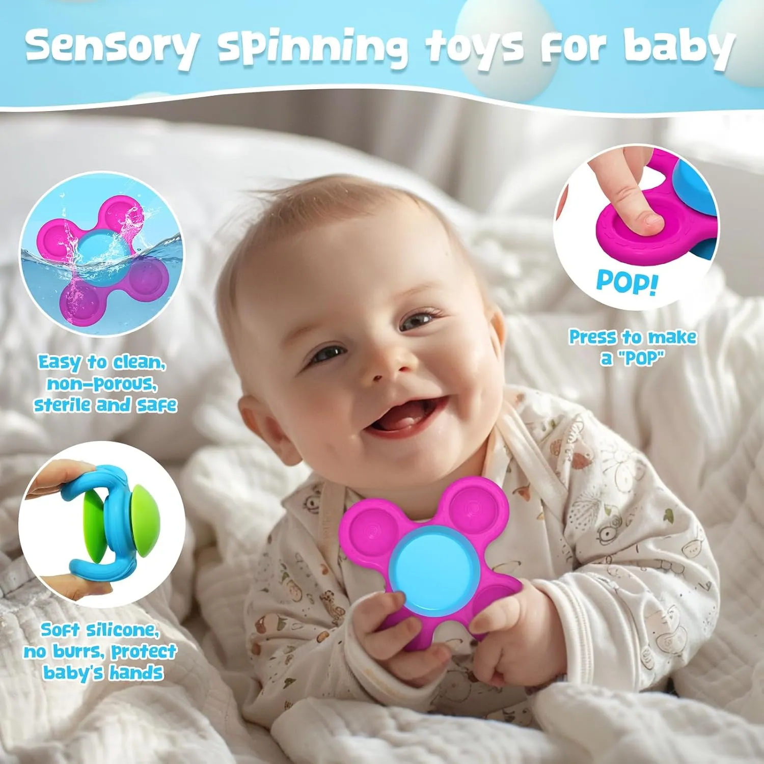Silicone Suction Cup Spinner Baby Bath Toys for 1 Year Old Boy Girl Gifts,No Hole Stackable Baby Bath Toy 10-18 Month Toddler Sensory Spinner Travel Toys Kids High Chair Toy