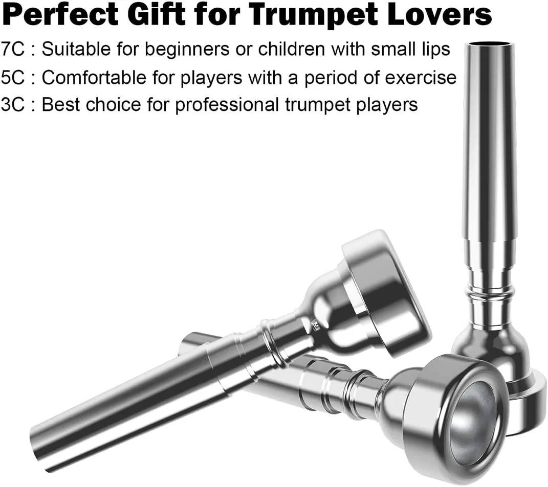 Silver Trumpet Mouthpiece 7C 5C 3C Trumpet Mouthpiece Set with Box Cleaning Cloth Compatible with Yamaha Bach Conn King Musical Instruments for Beginners and Professional Players 3Pack