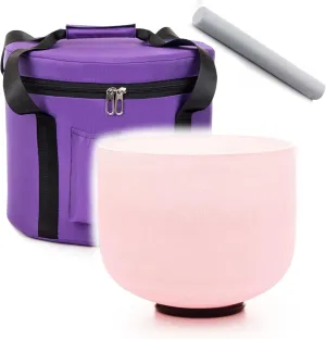 Singing Bowl 8 inch F Note Pink Color Heart Chakra Color Quartz Frosted Crystal Meditation Bowl Yoga Musical Instrument with Travel Bag Carrying Case Suede Mallet O-ring