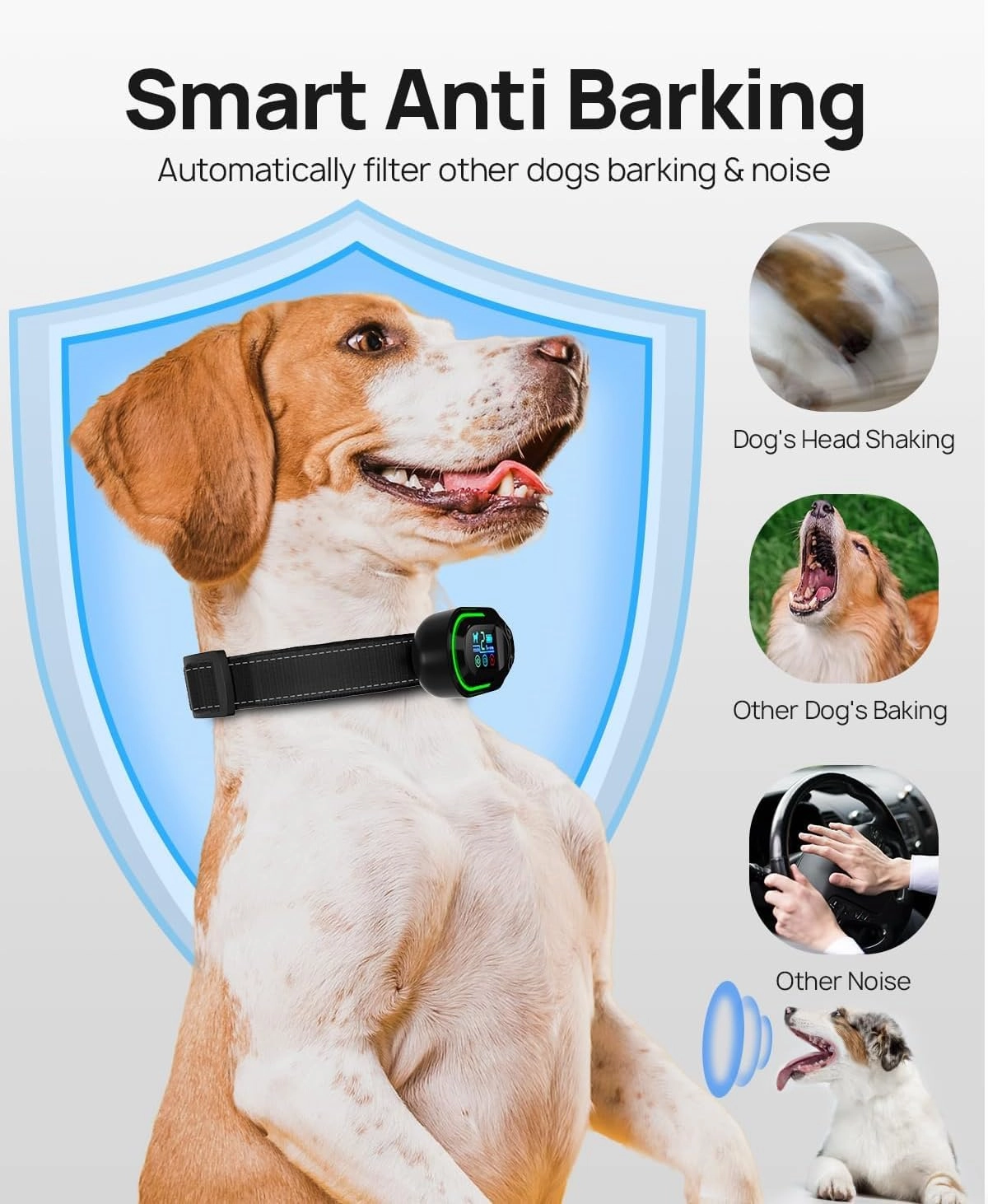 Smart Bark Collar - Rechargeable Anti Bark Training Collar with Adjustable Sensitivity Beep Vibration Shock for Large Medium Small Dogs (Black)