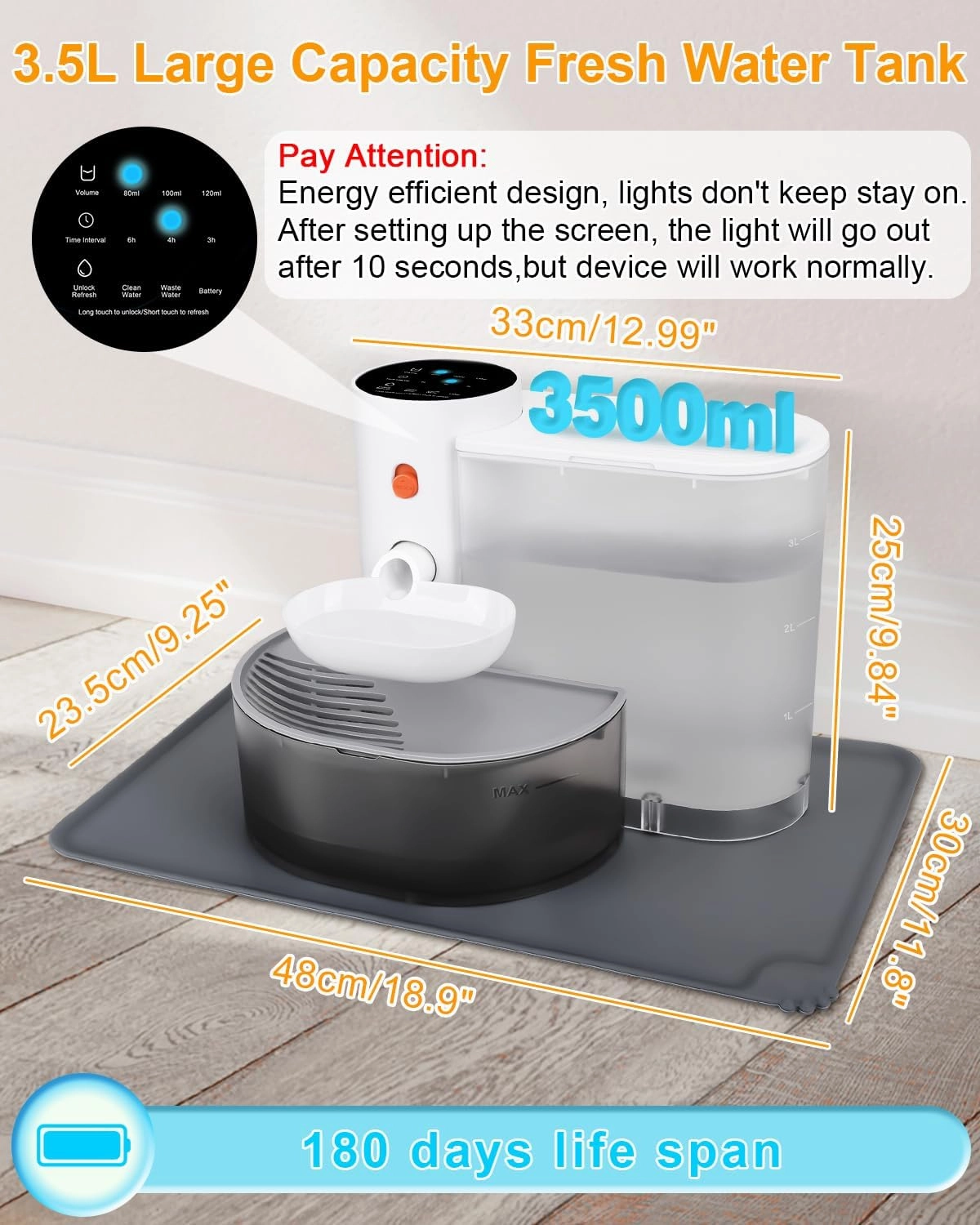 Smart Pet Water Fountain,Filterless Cat Water Fountain No Filter,3L/102oz Ultra Silent Cat Fountain,Sewage Separation & Always Fresh Water(Includes A Silicone Food Mat)