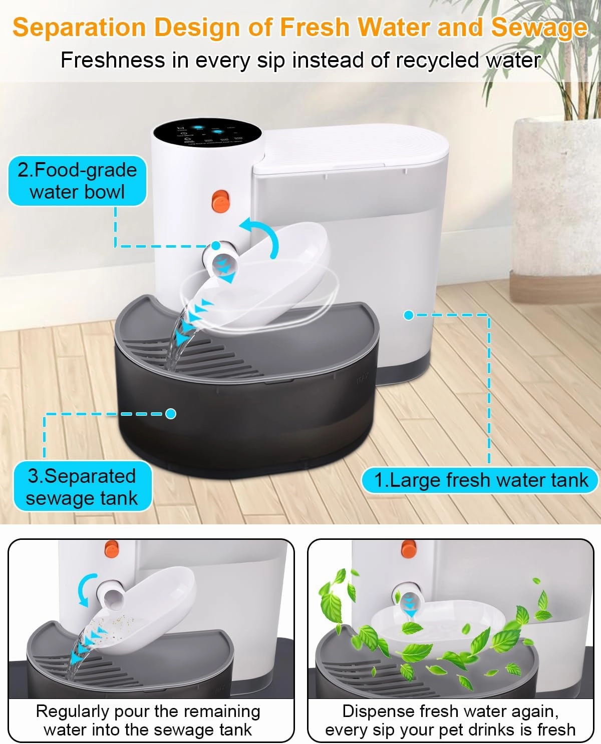 Smart Pet Water Fountain,Filterless Cat Water Fountain No Filter,3L/102oz Ultra Silent Cat Fountain,Sewage Separation & Always Fresh Water(Includes A Silicone Food Mat)