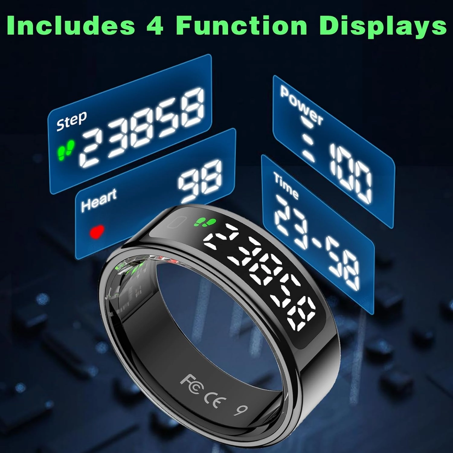 Smart Ring with LED Display Screen, Fitness Tracker Smart Rings for Women Men, Health Ring for iOS & Android, Sleep Tracker Ring Compatible with Heart Rate, SpO2, Sleep, Step (Black, 13)