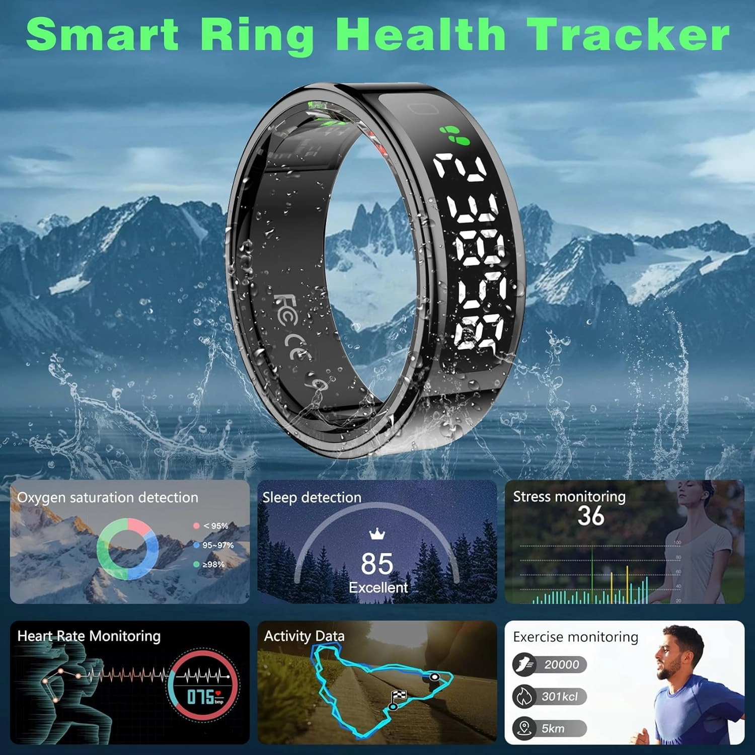 Smart Ring with LED Display Screen, Fitness Tracker Smart Rings for Women Men, Health Ring for iOS & Android, Sleep Tracker Ring Compatible with Heart Rate, SpO2, Sleep, Step (Black, 13)