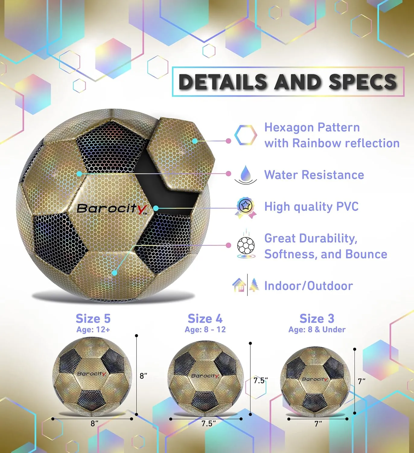 Soccer Ball - Premium Boy and Girl Official Match Ball with Cool Reflective Iridescent Rainbow Hex Pattern, Durable, Indoor, Outdoor, Training, Practice, Playtime and Games