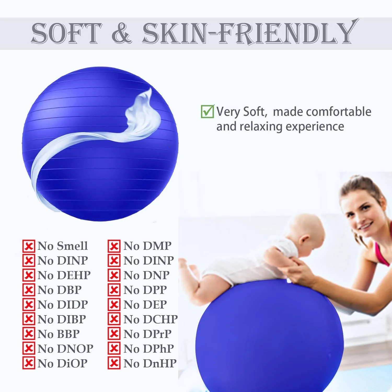 Soft Exercise ball, Anti-Burst Yoga Ball Chair Supports 2200lbs, Stability Swiss Ball w/ Pump for Pregnancy Birthing, Excersize, Workout, Fitness, Balance, Gym, Physio, Abs (Office & Home & School)