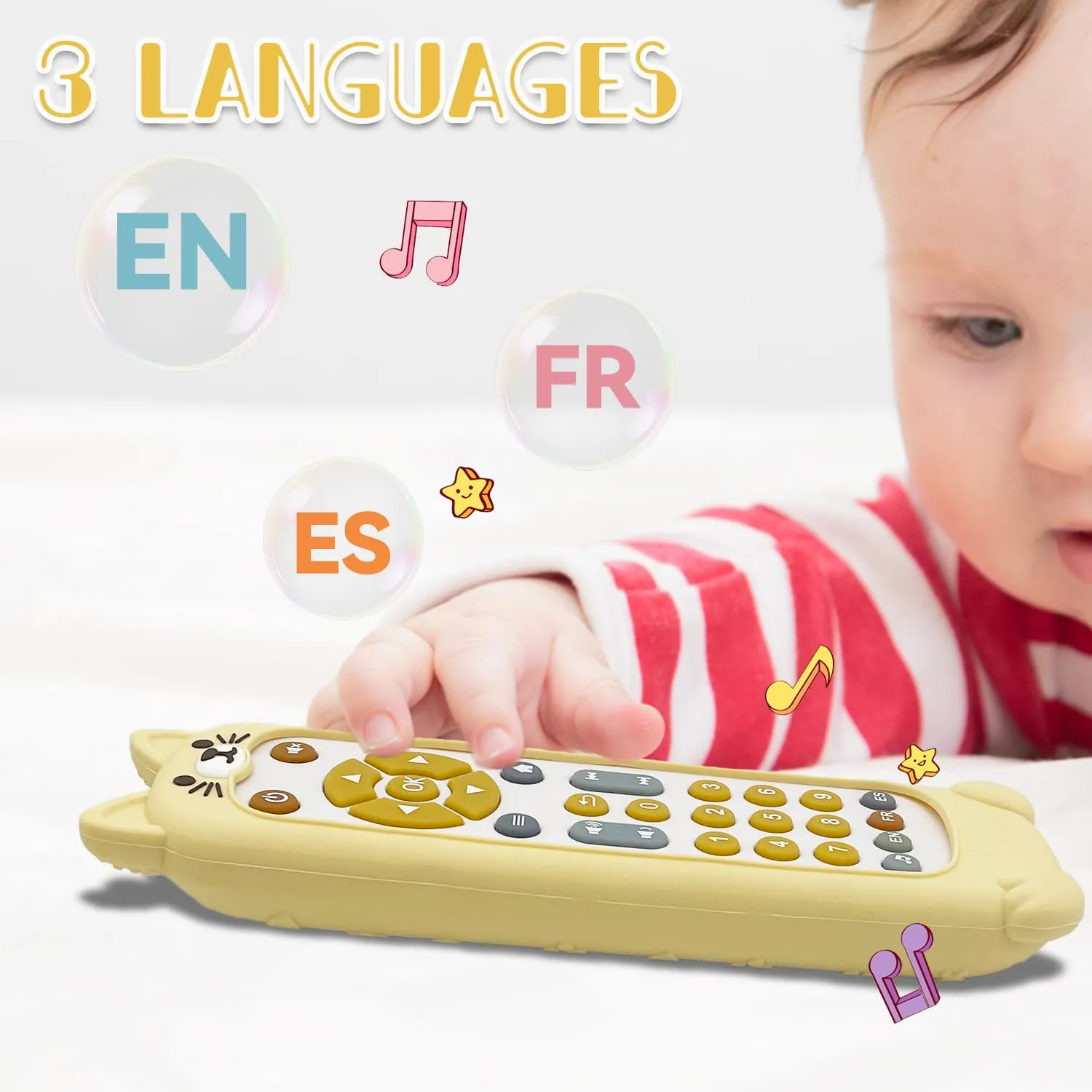 Soft Silicone Musical Teething Toys for Toddlers, Babies, Boys, Girls, 6-12 Months Baby Remote Control Shape Molar Teether Chew Toys Set Gift (Cat)
