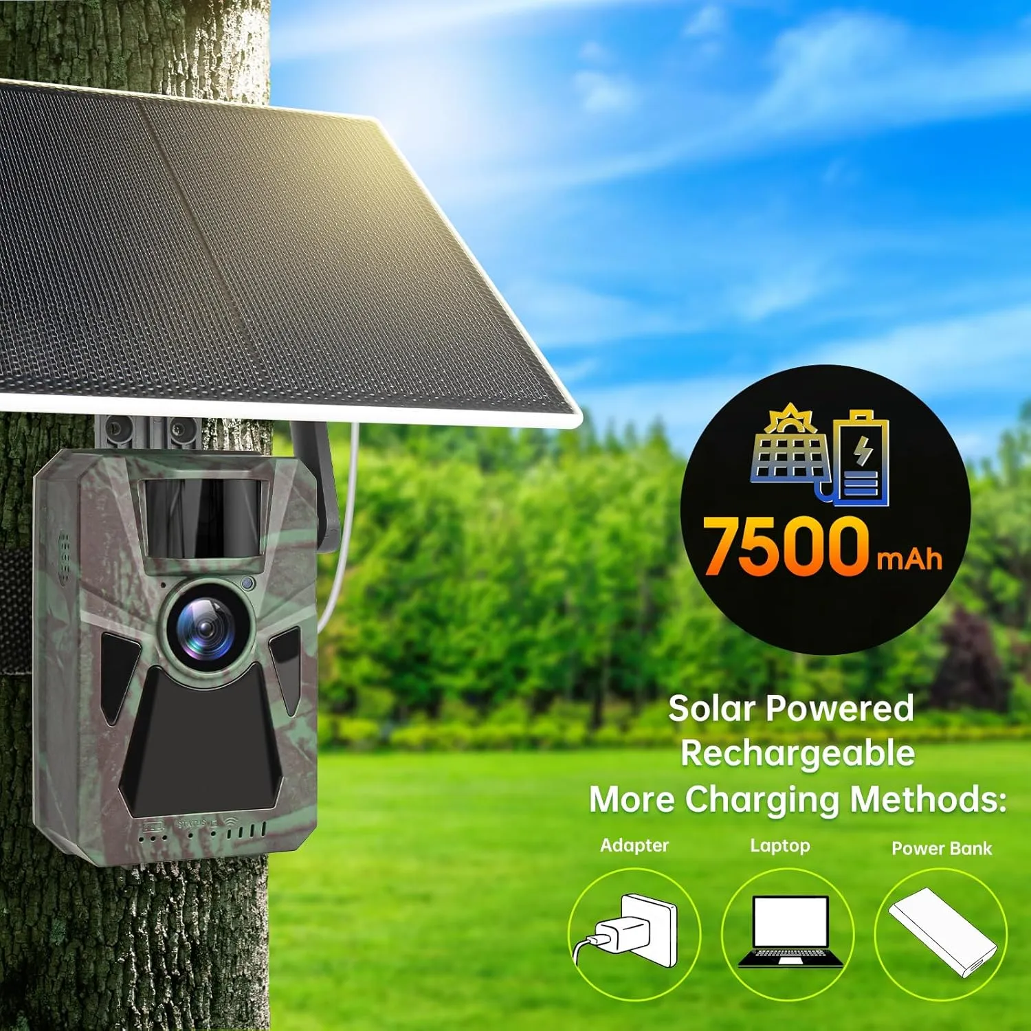 Solar 4G Cellular Trail Camera – 4K Ultra HD, 48MP, Built-in 7500mAh Battery, Auto Nationwide Connection, Night Vision, Hunting Game Cam for Wildlife, Security & Surveillance