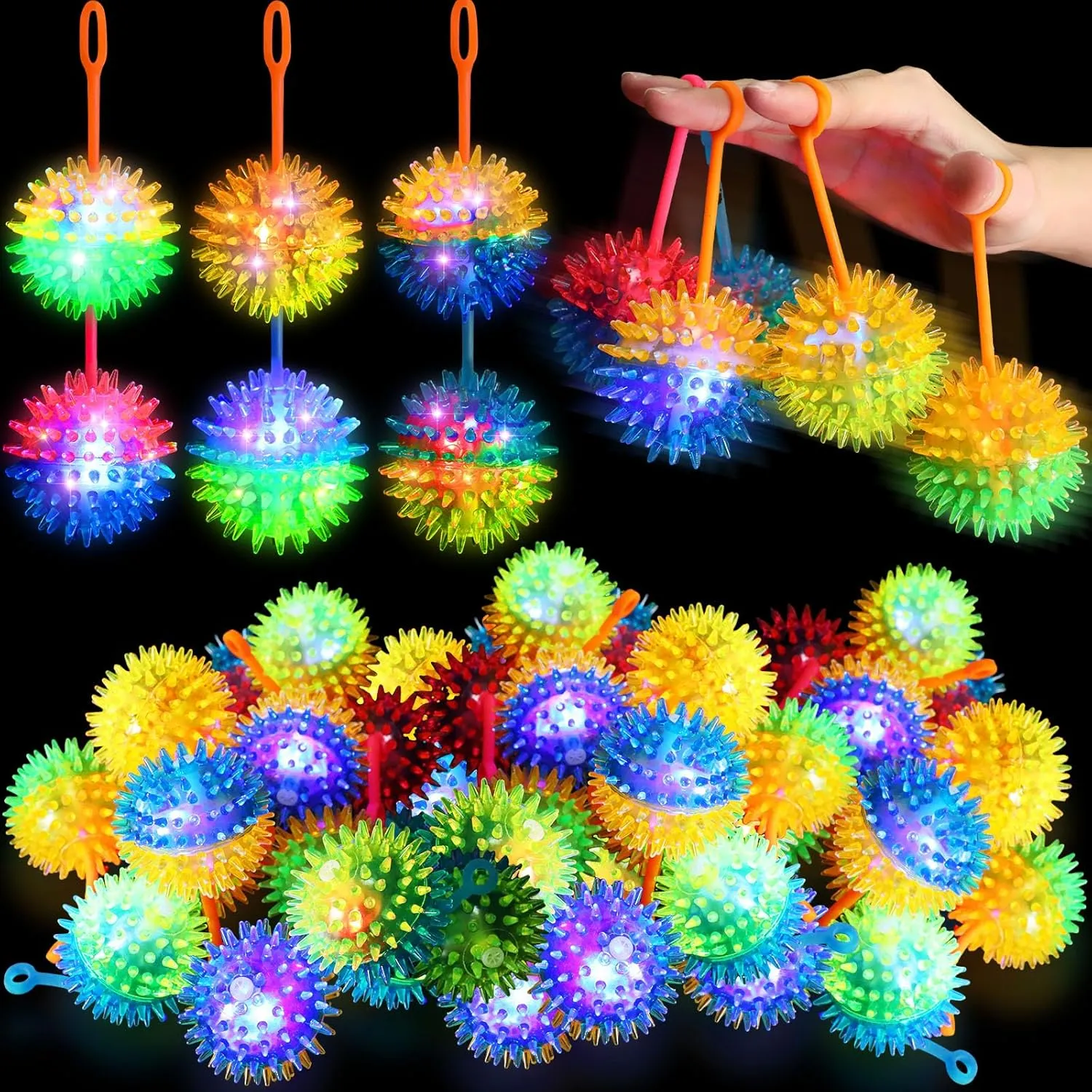 Sotiff 100 Pcs Light up Ball Spiky LED Bouncy Ball Valentines Flashing Squeaky Toy Rubber Sensory Toy Carnival Prizes Grad Party Favor Goodie Bag Fillers Stocking Stuffers Gifts