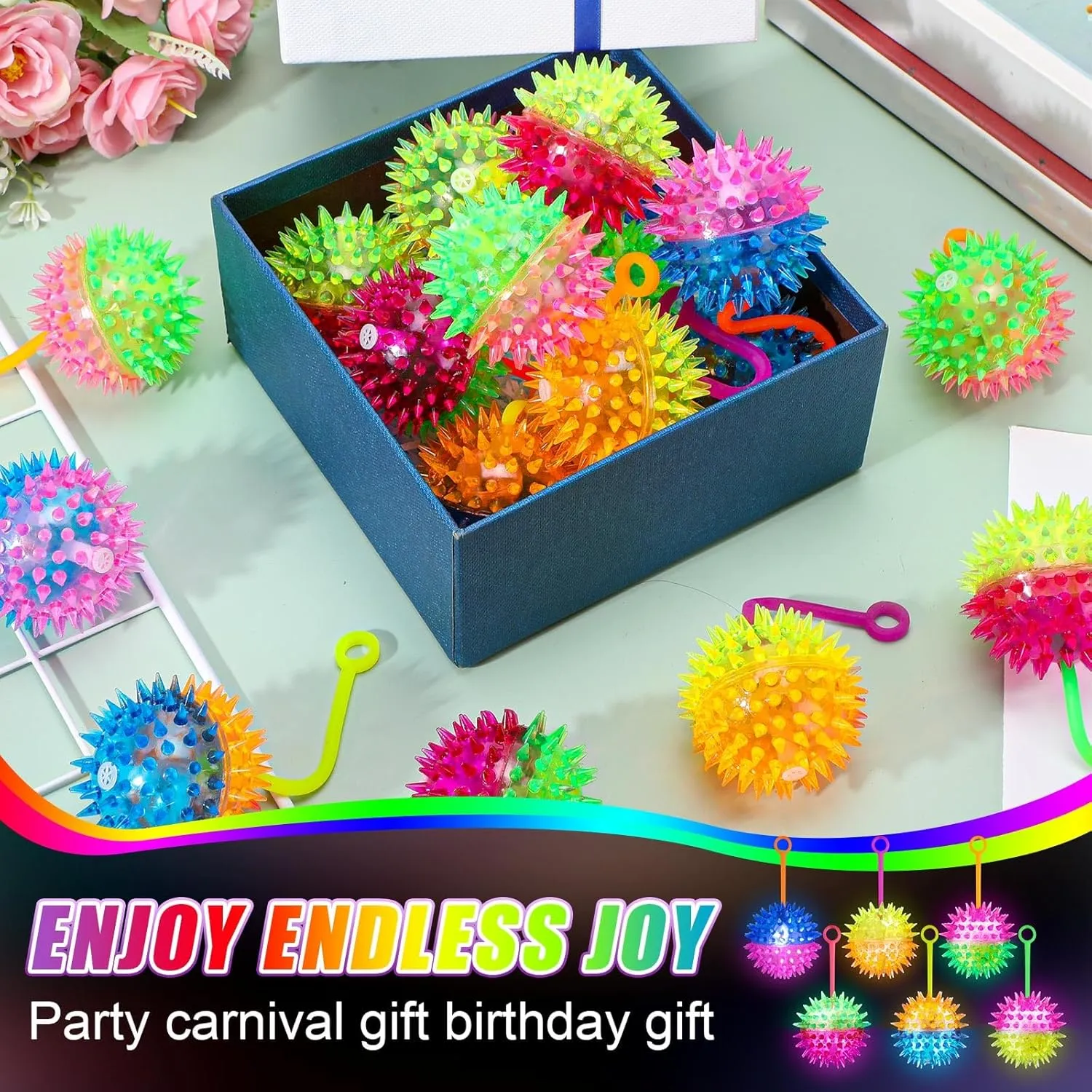 Sotiff 100 Pcs Light up Ball Spiky LED Bouncy Ball Valentines Flashing Squeaky Toy Rubber Sensory Toy Carnival Prizes Grad Party Favor Goodie Bag Fillers Stocking Stuffers Gifts