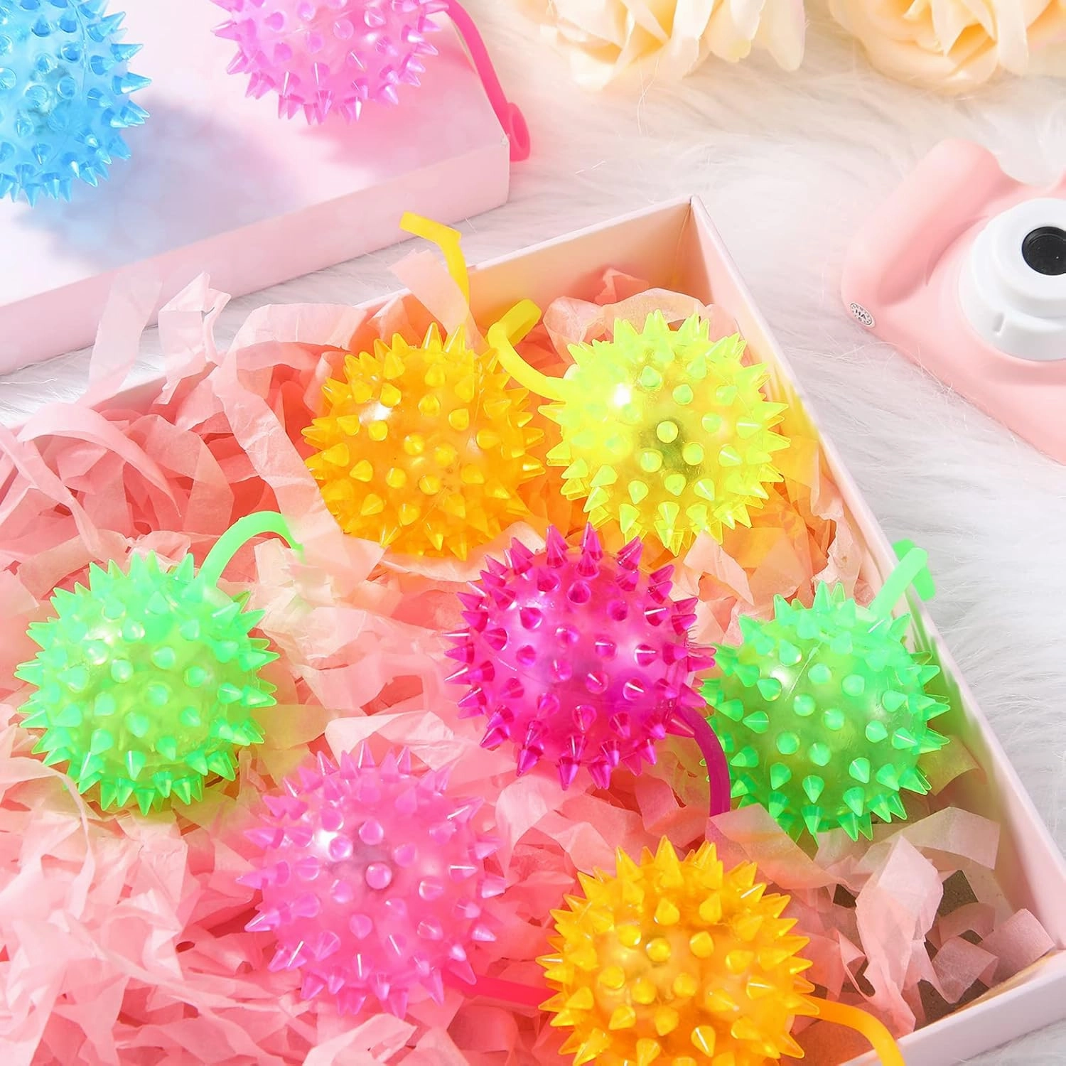 Sotiff 18 Pcs Light up Ball Spiky LED Bouncy Ball Flashing Squeaky Multicolor Puffer Toy Rubber Sensory Toy Carnival Prizes Bulk Party Favors for Teens, Adults, Children