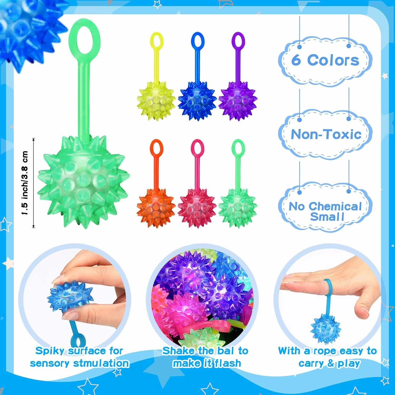 Sotiff 30 Pcs Mini Light up Ball Spiky LED Bouncy Flashing Ball Multicolor Stress Relief Balls Rubber Sensory Glow Balls Carnival Prizes Bulk Items Gifts Birthday Party Favors, 1. 5 Inch