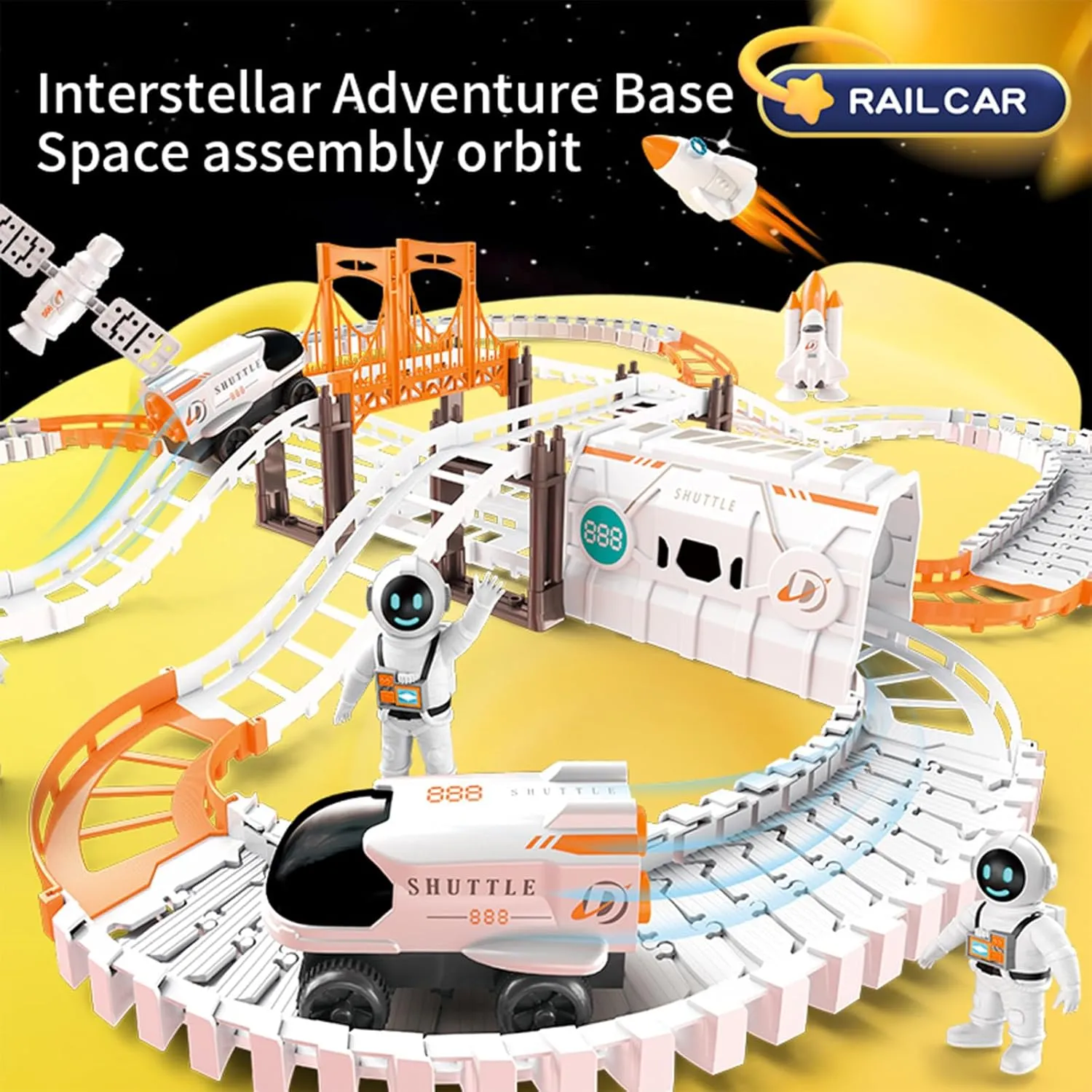 Space Train Track Set -128 Piece Set DIY Assembled Track Battery Powered Spacecraft Satellite Astronaut Birthday Toys Suitable for Children Over 3 Years Old Halloween