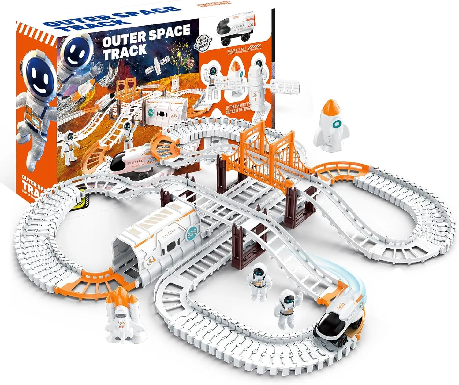 Space Train Track Set -128 Piece Set DIY Assembled Track Battery Powered Spacecraft Satellite Astronaut Birthday Toys Suitable for Children Over 3 Years Old Halloween