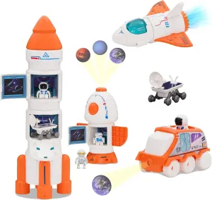 Spaceship toy Set for Kids, Space Astronaut Play with Lights & Sound and Spray Effect, Interactive Toys, Rocketship Solar System Playset with Rocket Shuttle, Space Station, Space Rover (Orange)