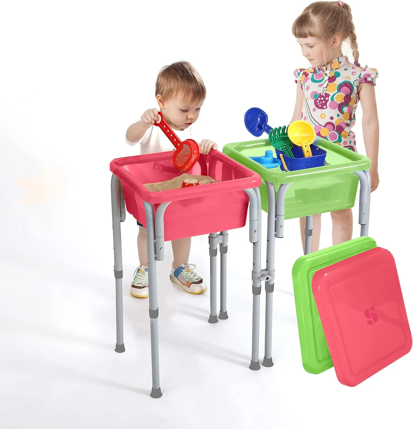Special Supplies Sensory Activity Table for Kids and Toddlers -with Plastic Buckets and Beach Toys for Interactive Learning - Water, Sand, and STEM Play (Two Buckets - Green   Red)
