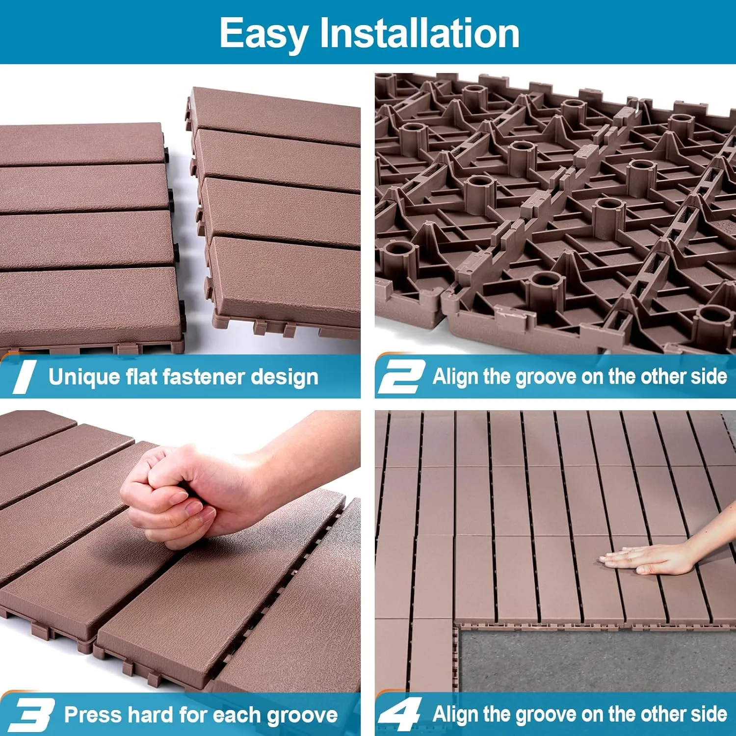 Spurtar Plastic Interlocking Deck Tiles - 9 Pack 11.3" x 11.3" Decking Tiles Outdoor Waterproof Easy Snap for Back Yard, Patio Flooring, Pool, Apartment Balcony Decorations, All Weather Use, Brown