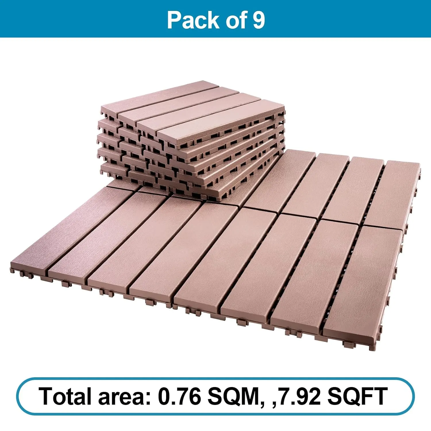 Spurtar Plastic Interlocking Deck Tiles - 9 Pack 11.3" x 11.3" Decking Tiles Outdoor Waterproof Easy Snap for Back Yard, Patio Flooring, Pool, Apartment Balcony Decorations, All Weather Use, Brown