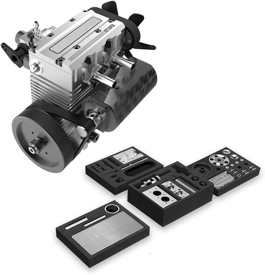 ST-NF2 Mini Air-Cooled Engine Model Kit, Inline Double-Cylinder Four-Stroke, DIY Assembly Engine Model, Works for Adults (Silver)