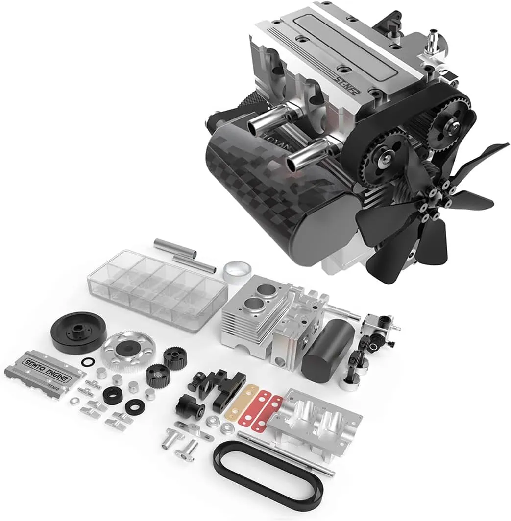 ST-NF2 Mini Air-Cooled Engine Model Kit, Inline Double-Cylinder Four-Stroke, DIY Assembly Engine Model, Works for Adults (Silver)