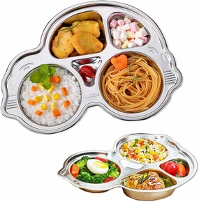 Stainless Steel Plate Divided Meal Tray Sections Dinner Dish for Babies, Toddlers and Kids Eating Food Car Shape BPA-Free Safe Fun Non-Toxic Heavy Duty (silver 2 pack)