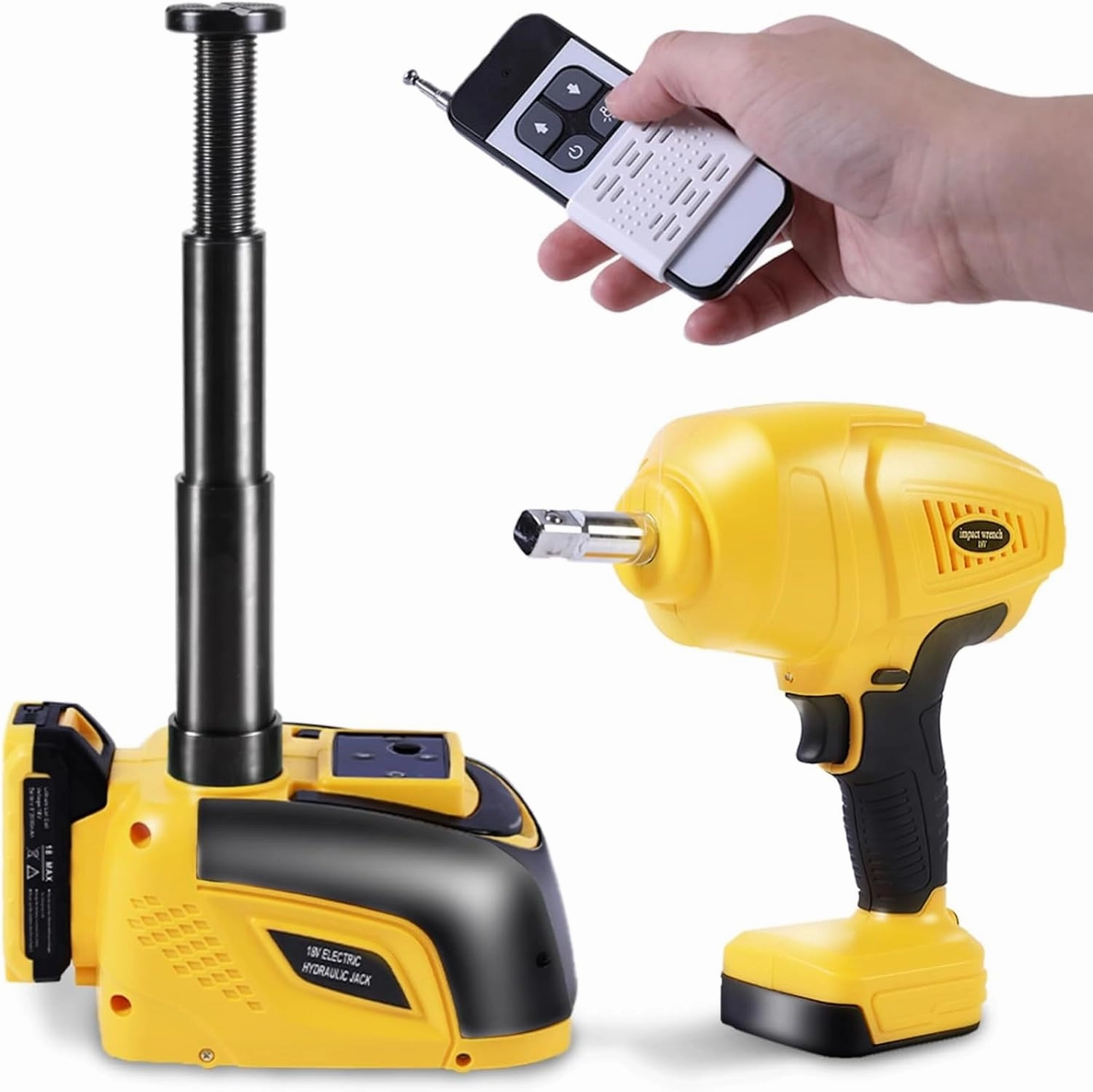 STANDTALL Electric Car Jack Kit Hydraulic Cordless Remote Control 5 Ton 18V with Impact Wrench Automatic Small Portable Tire Change Kit Emergency Repair Tire Tools for SUV Sedans Vehicle MPV Yellow