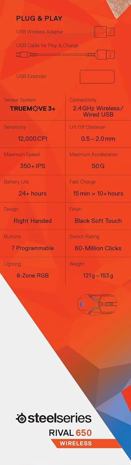 SteelSeries Rival 650 - Quantum Wireless Gaming Mouse - Rapid Charging Battery - Low 0.05 Lift-Off Distance - 256 Weight Configurations