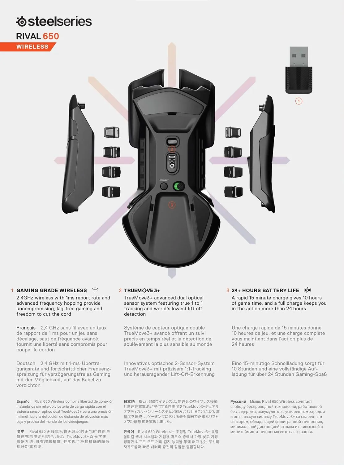 SteelSeries Rival 650 - Quantum Wireless Gaming Mouse - Rapid Charging Battery - Low 0.05 Lift-Off Distance - 256 Weight Configurations