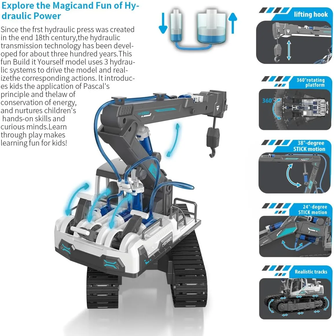 STEM Building Block Assembly Toy Set for Kids 8-12 Years - 3-in-1 Hydraulically Powered Construction Toy Including Excavator, Crane, and Timber Loader