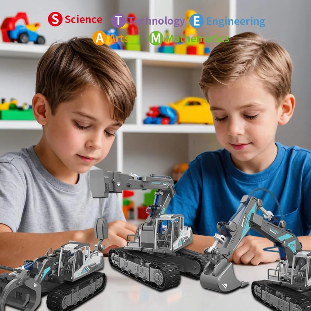 STEM Building Block Assembly Toy Set for Kids 8-12 Years - 3-in-1 Hydraulically Powered Construction Toy Including Excavator, Crane, and Timber Loader