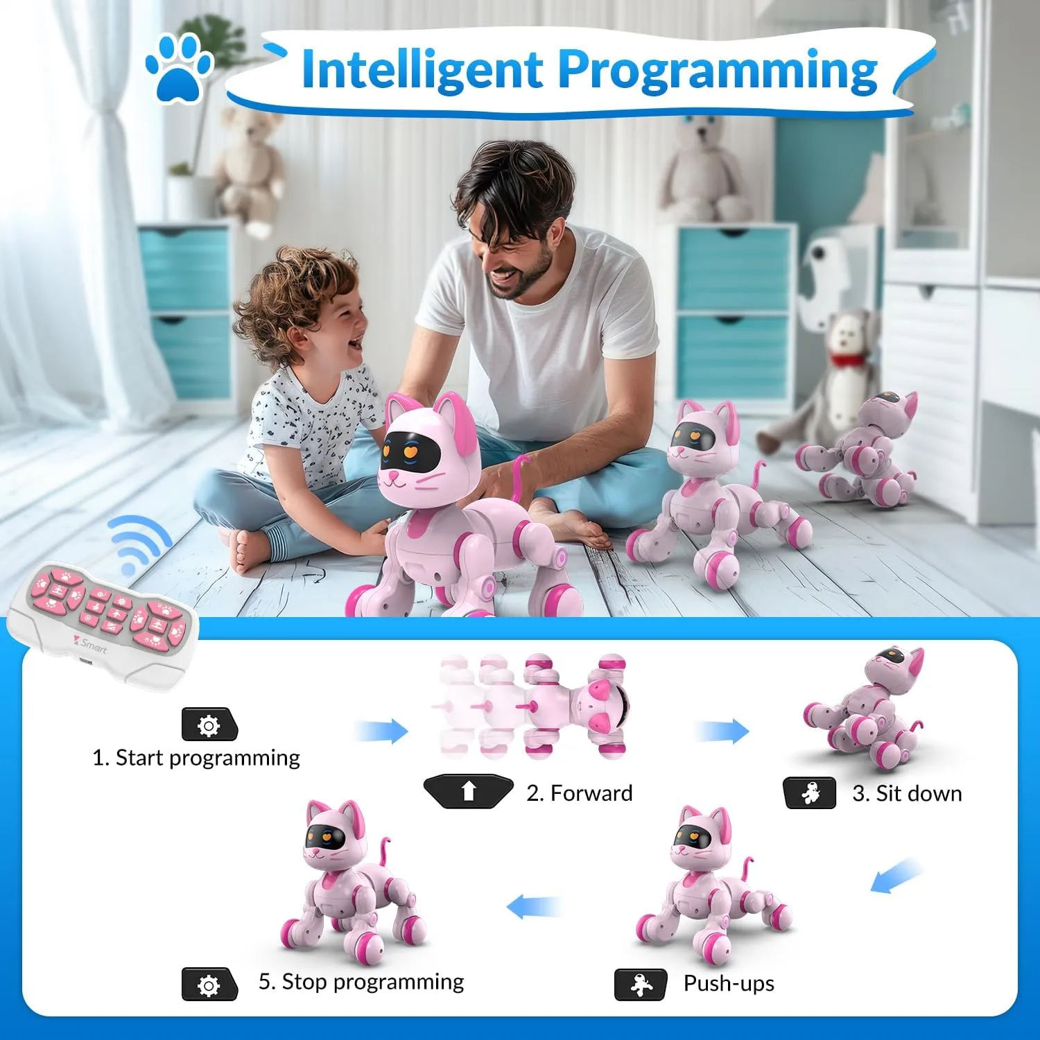 STEMTRON Programmable Remote Control Robot Cat Robot Dog for Kids, Interactive Robotic Dog Robotic Cat, Robo Dog Robo Cat, RC Robot with Touch Sensing, LED Eyes, Dance & Music