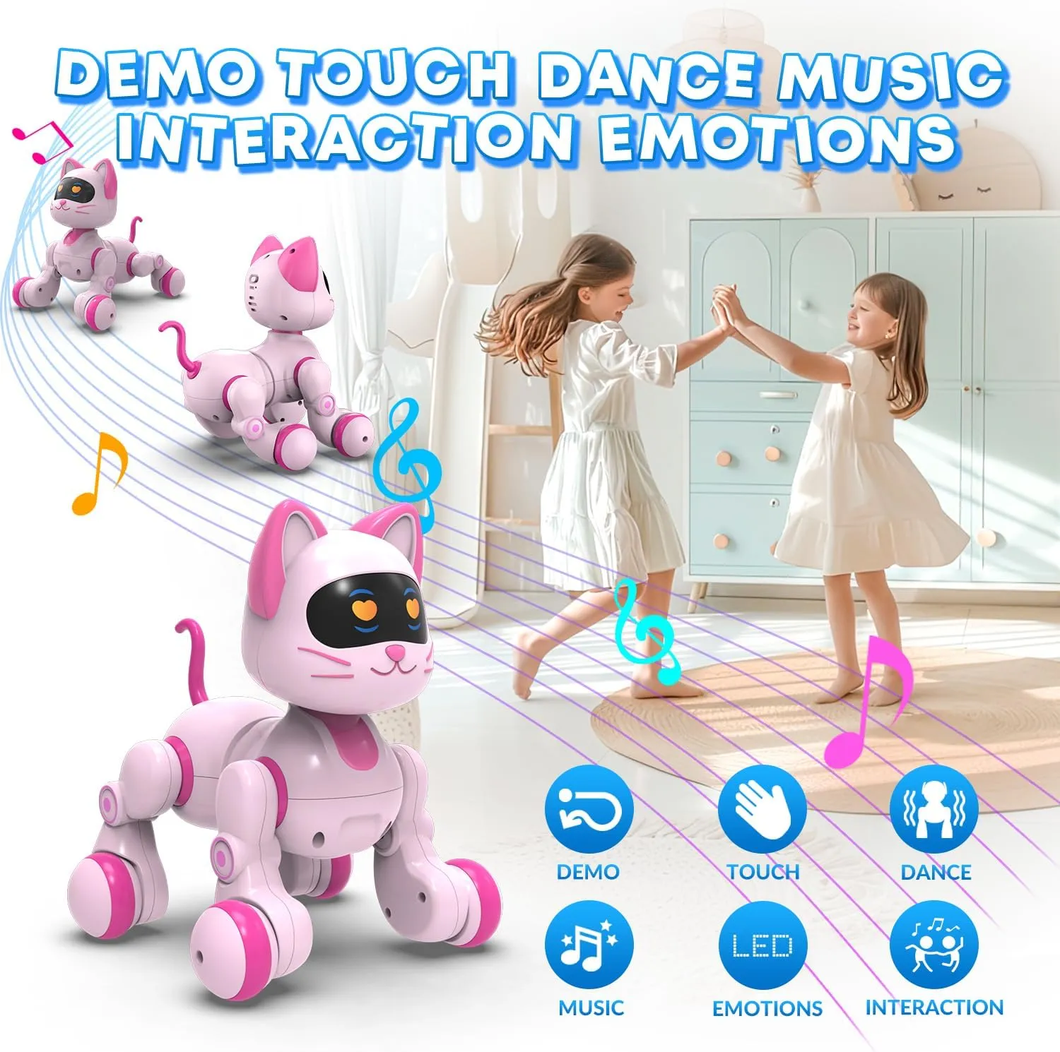 STEMTRON Programmable Remote Control Robot Cat Robot Dog for Kids, Interactive Robotic Dog Robotic Cat, Robo Dog Robo Cat, RC Robot with Touch Sensing, LED Eyes, Dance & Music