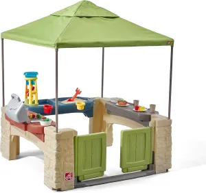 Step2 All Around Playtime Patio with Canopy, Kids Indoor/Outdoor Kitchen Playset & Sensory Playhouse, Made of Durable Plastic, Includes 16 Piece Toy Accessories, For Toddlers 2  Years Old, Green
