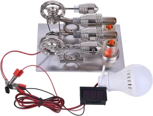 Stirling Engine Model Kit, Alcohol-Powered Dual Cylinder Stirling Engine Generator Kit with Voltage Meter & LED Output for Physical Science Experiment Display