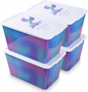 Storage Totes with Lids 4PC - Made in USA 14.5G/58QT Colorful Printed Decorative Design Storage Boxes Storage Bins with Lids Plastic Storage Containers for Organizer Rainbow Mermaid