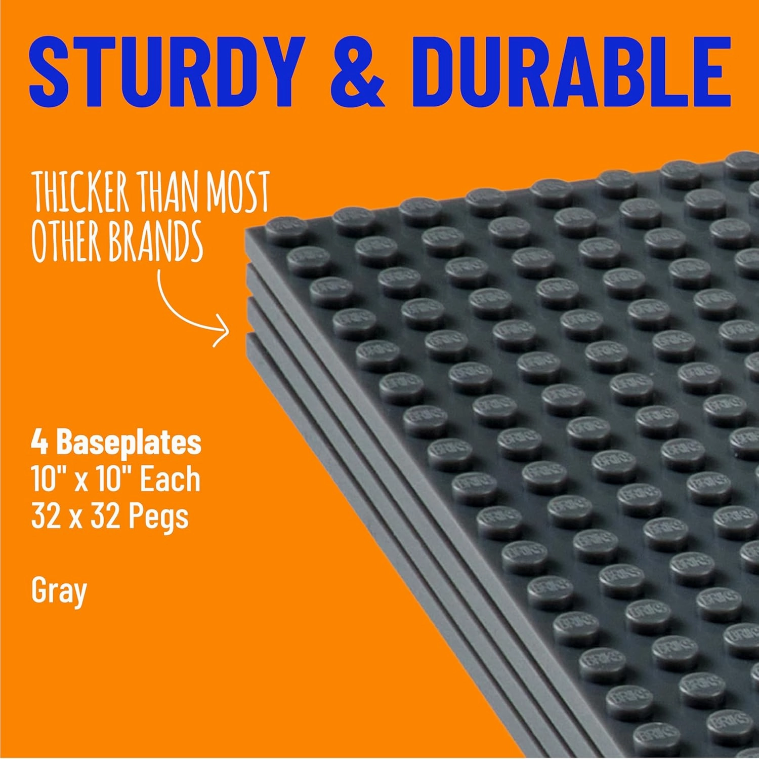 Strictly Briks 4 Pack Baseplates 10x10 in, Stackable Building Plates with 32 x 32 Studs, Mats, Bases, Boards, Sheets 100% Compatible with All Major Brands, Gray
