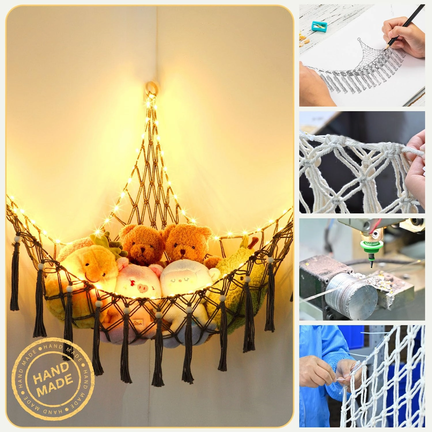 Stuffed Animal Hammock with 75LEDs, Large 55in Storage Macrame Hammock, Hanging Net for Kids Bedroom Doll Room Corner Organizer, USB Plush Animal Net with Remote (Gray, XL)