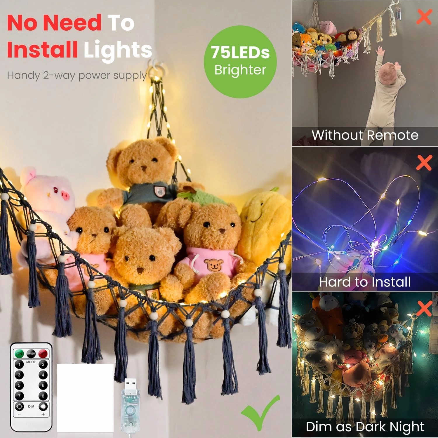 Stuffed Animal Hammock with 75LEDs, Large 55in Storage Macrame Hammock, Hanging Net for Kids Bedroom Doll Room Corner Organizer, USB Plush Animal Net with Remote (Gray, XL)